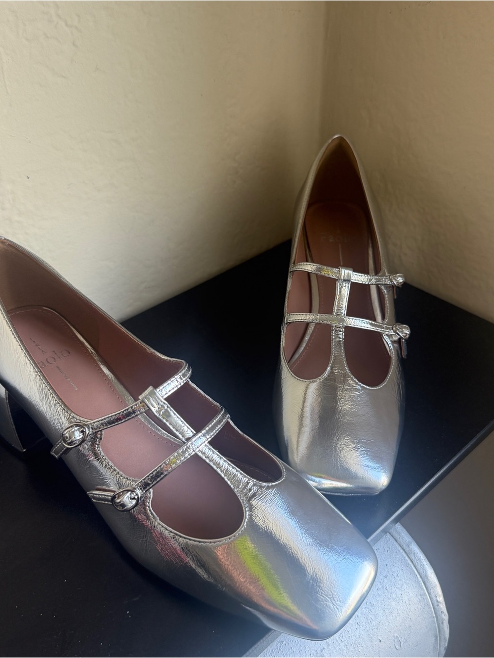 Paolo Metallic Silver Double-Strap Mary Jane Pump Size 9